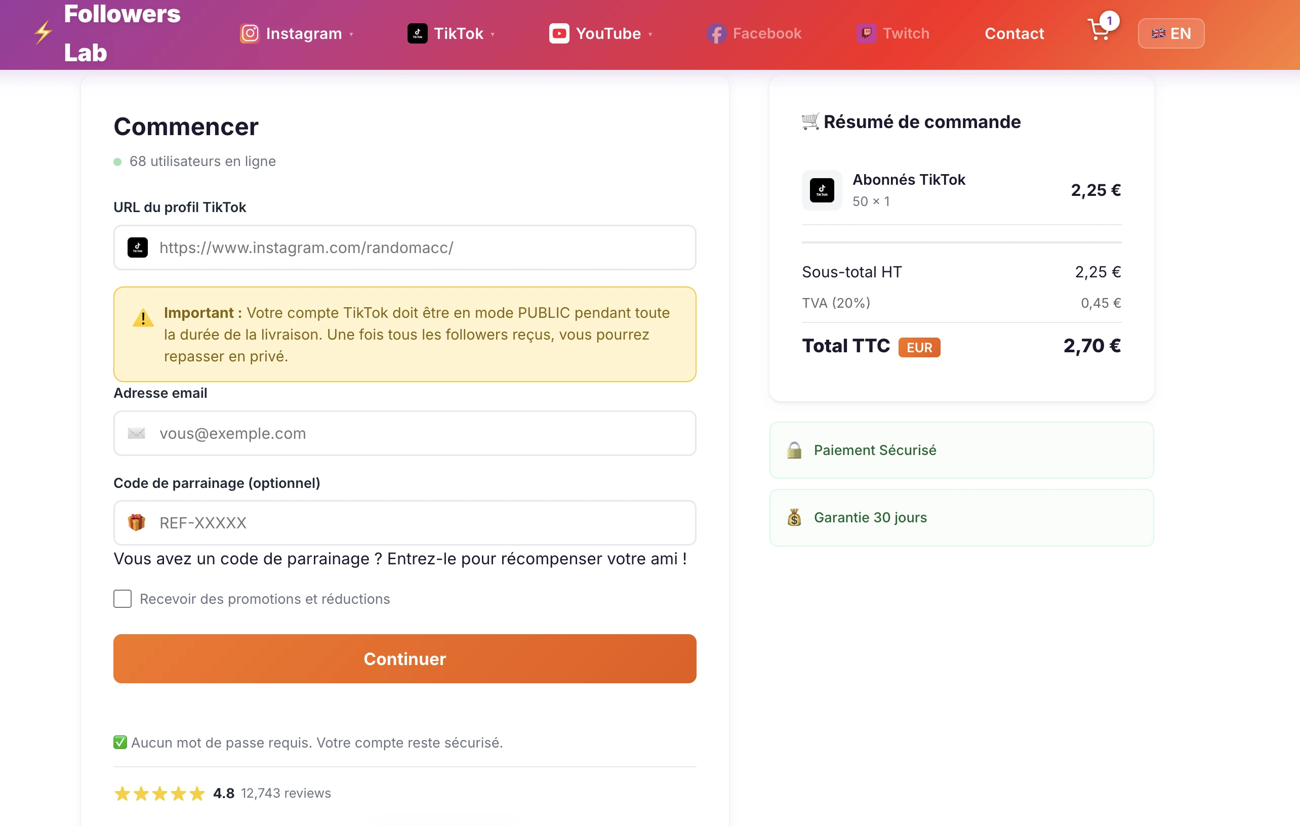 Buying TikTok followers checkout on Followers-Lab